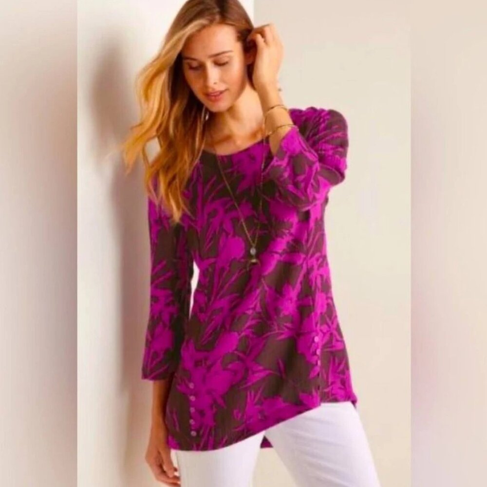 Soft Surroundings Floral Pink Brown Slub Gauzy Textured Cotton Blouse Large